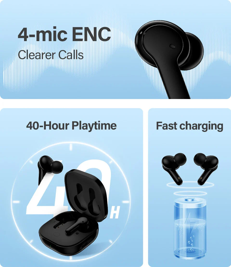Black wireless earbuds with charging case.