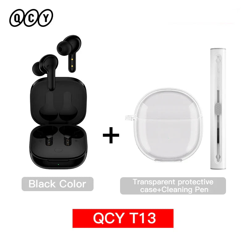 Black wireless earbuds with charging case, transparent protective case, and cleaning pen.