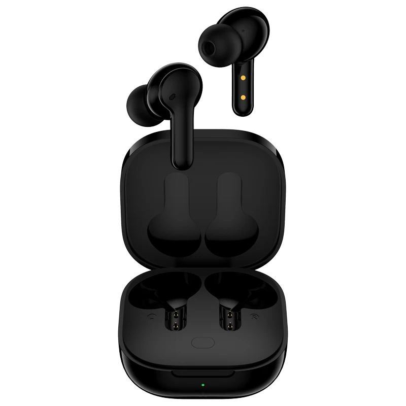 Black wireless earbuds and charging case.