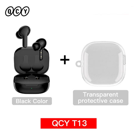 Black wireless earbuds with charging case and transparent protective case.