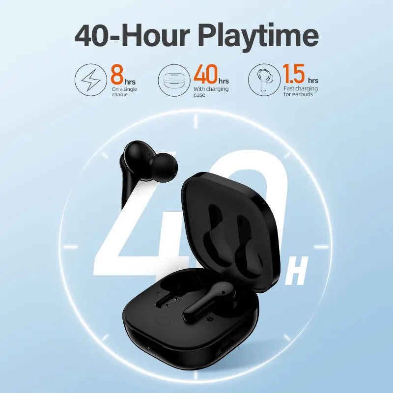 Black wireless earbuds and charging case.