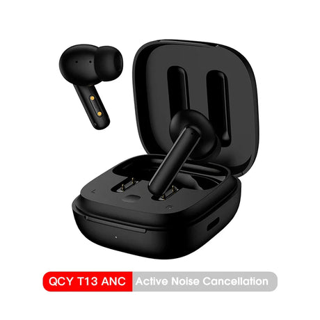 Black wireless earbuds with charging case.