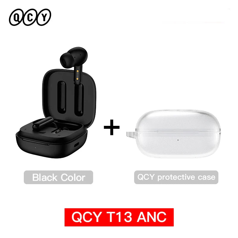 Black wireless earbuds with charging case and protective case.