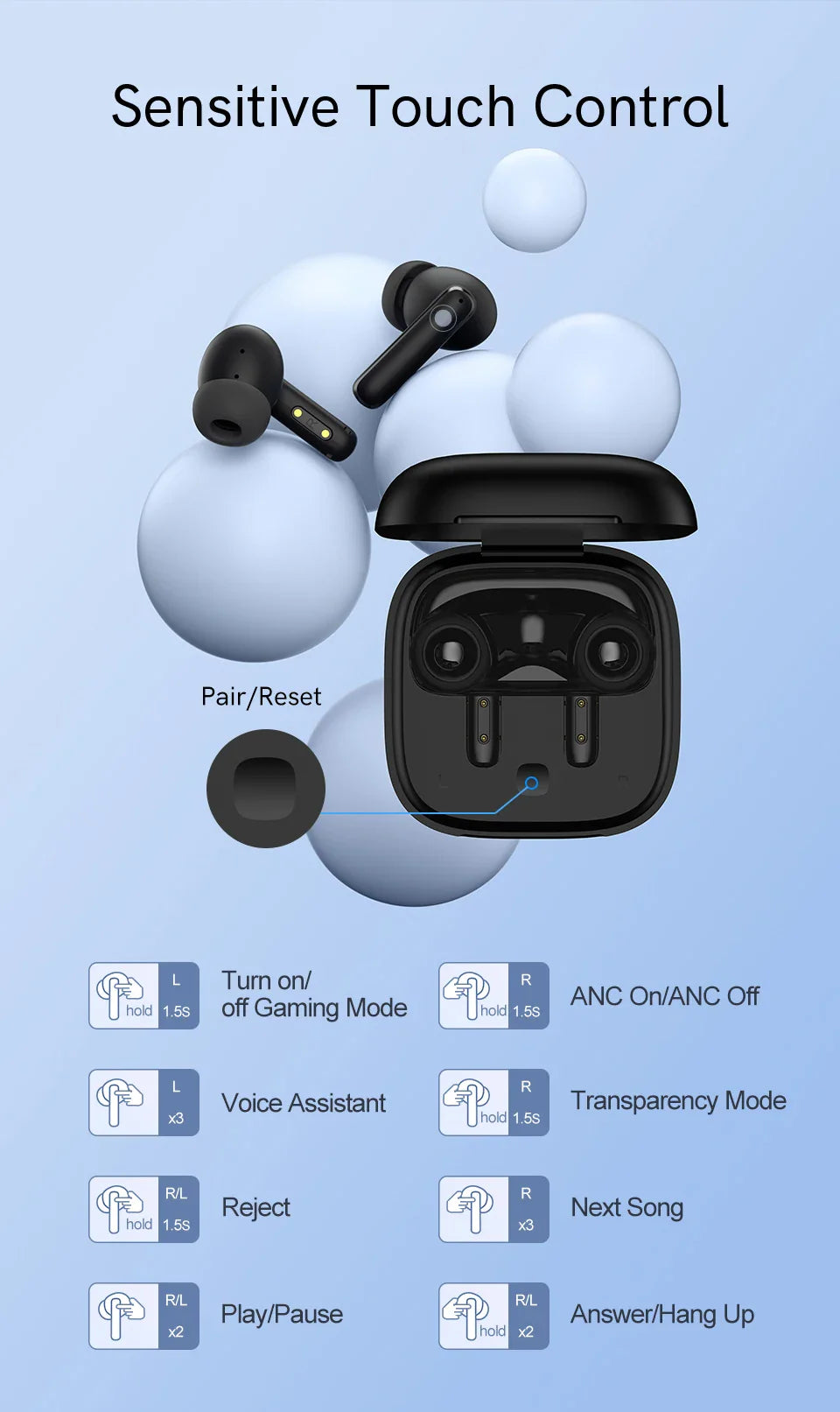 Black wireless earbuds with charging case.