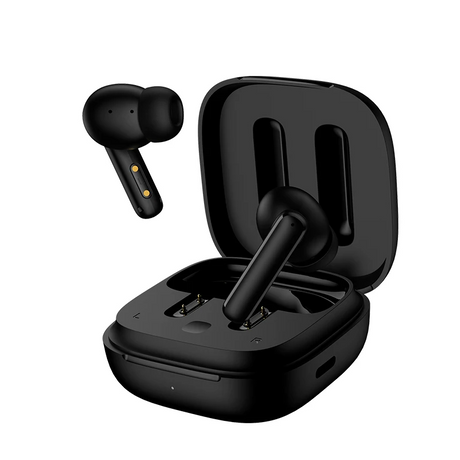 Black wireless earbuds with charging case.