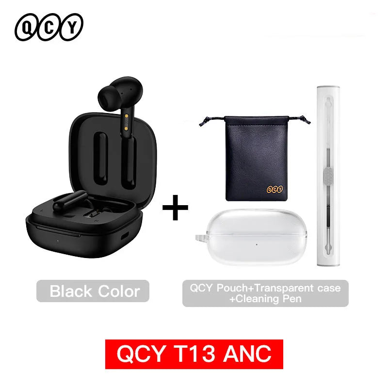 Black wireless earbuds with charging case and accessories.