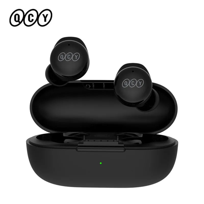 Black wireless earbuds and charging case.