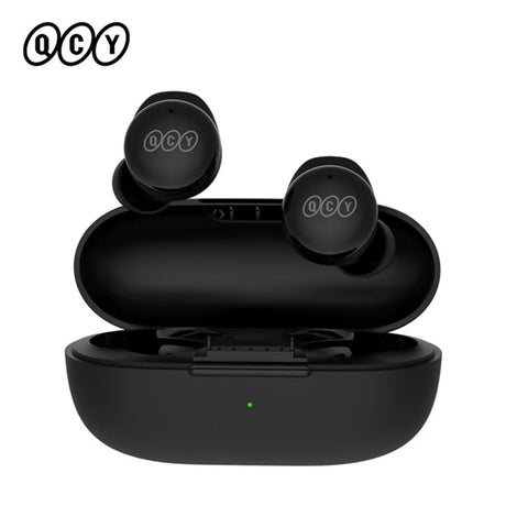 Black wireless earbuds and charging case.