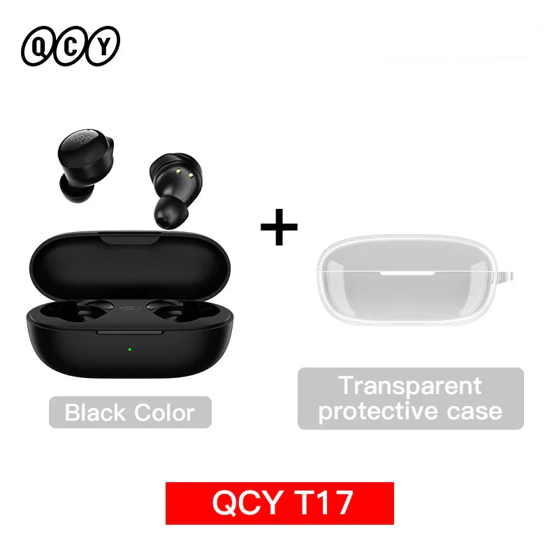 Black wireless earbuds with charging case and transparent protective case.
