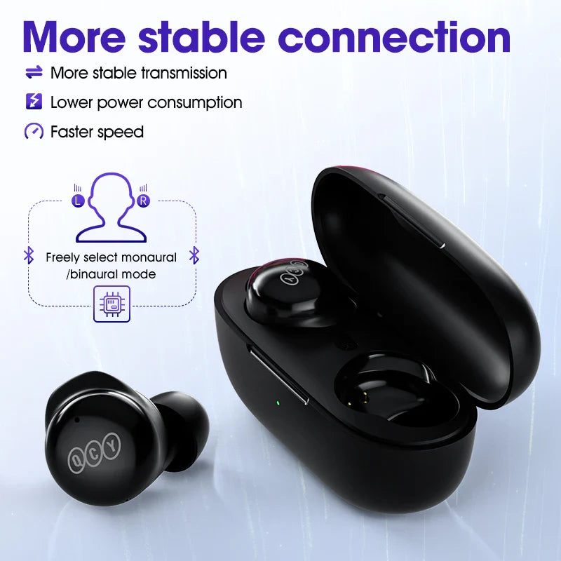 Black wireless earbuds and charging case.