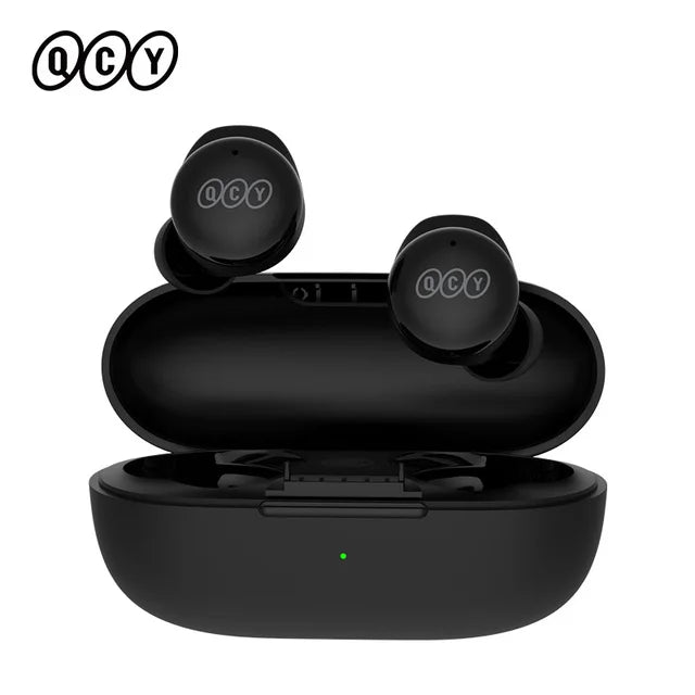 Black wireless earbuds with charging case.