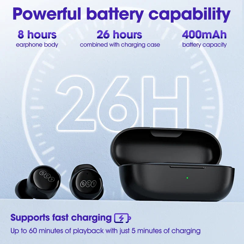 Black wireless earbuds and charging case.