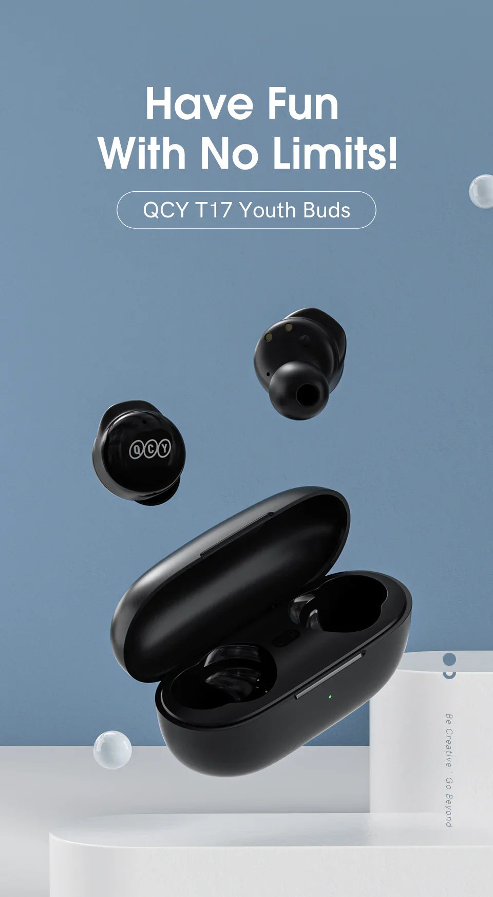 Black wireless earbuds and charging case.