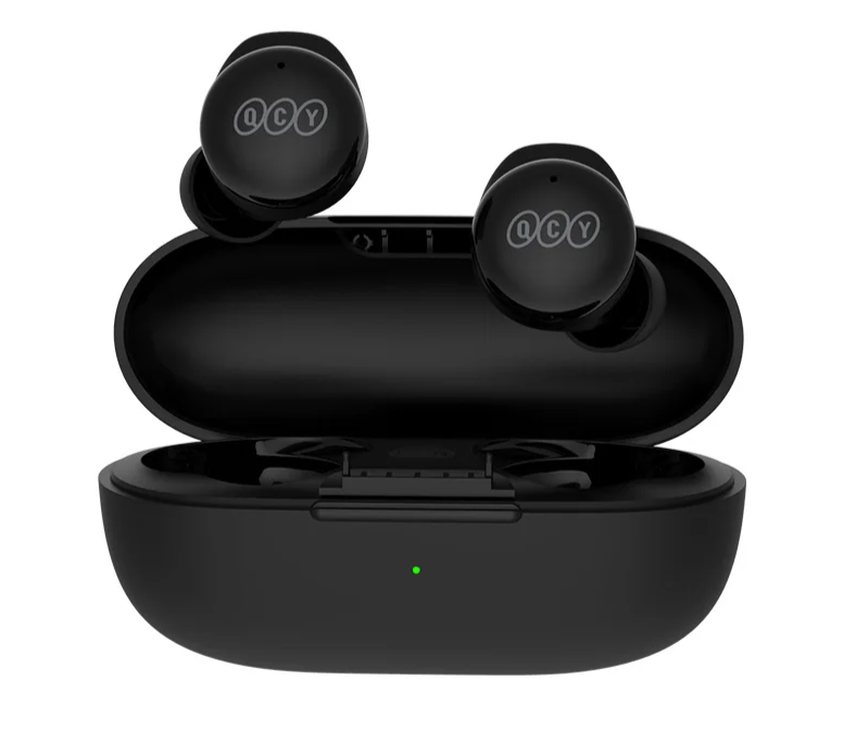 Black wireless earbuds and charging case.