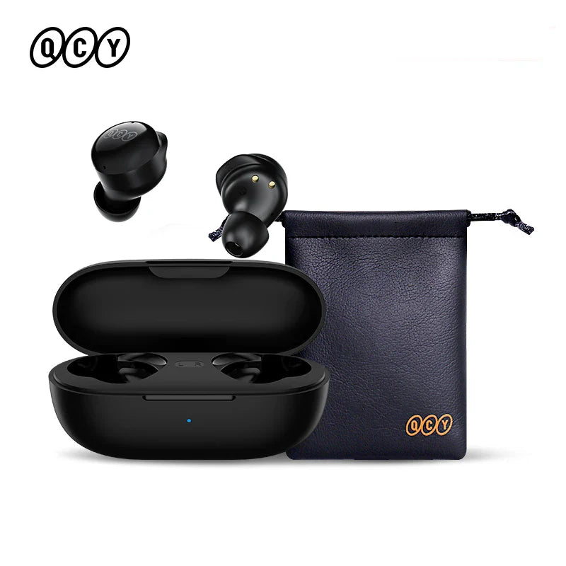Black wireless earbuds with charging case and carrying pouch.