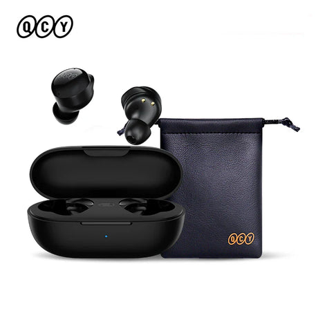 Black wireless earbuds with charging case and carrying pouch.