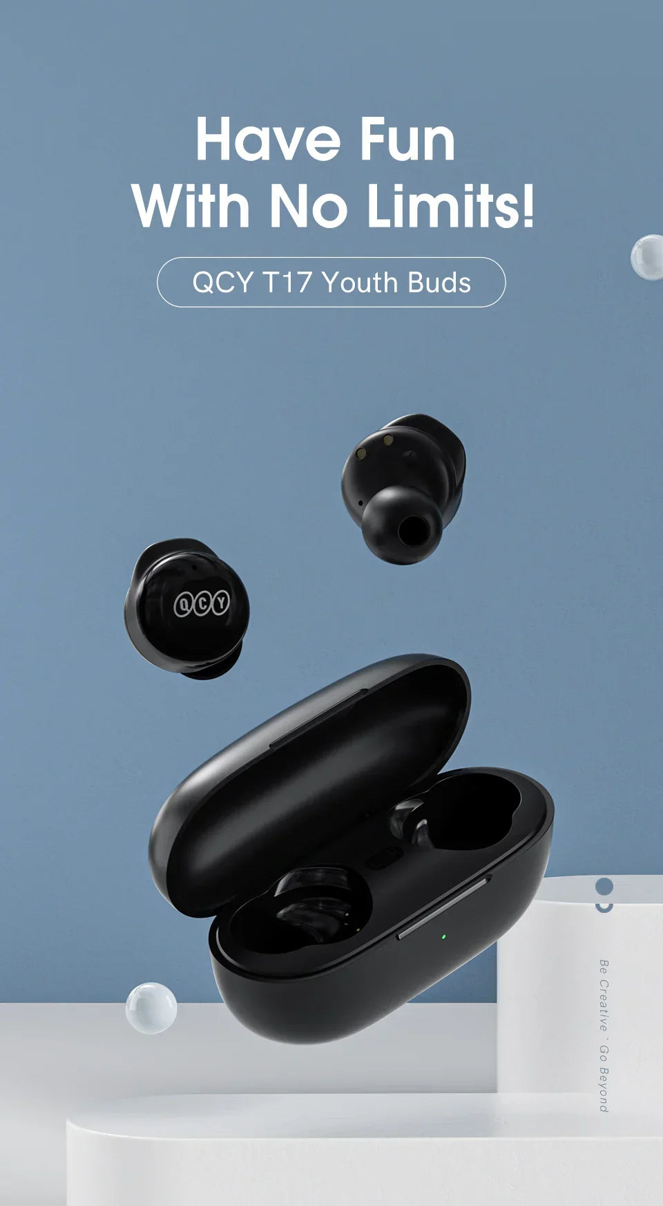 Black wireless earbuds and charging case.