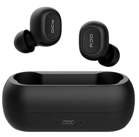 Black wireless earbuds with charging case.