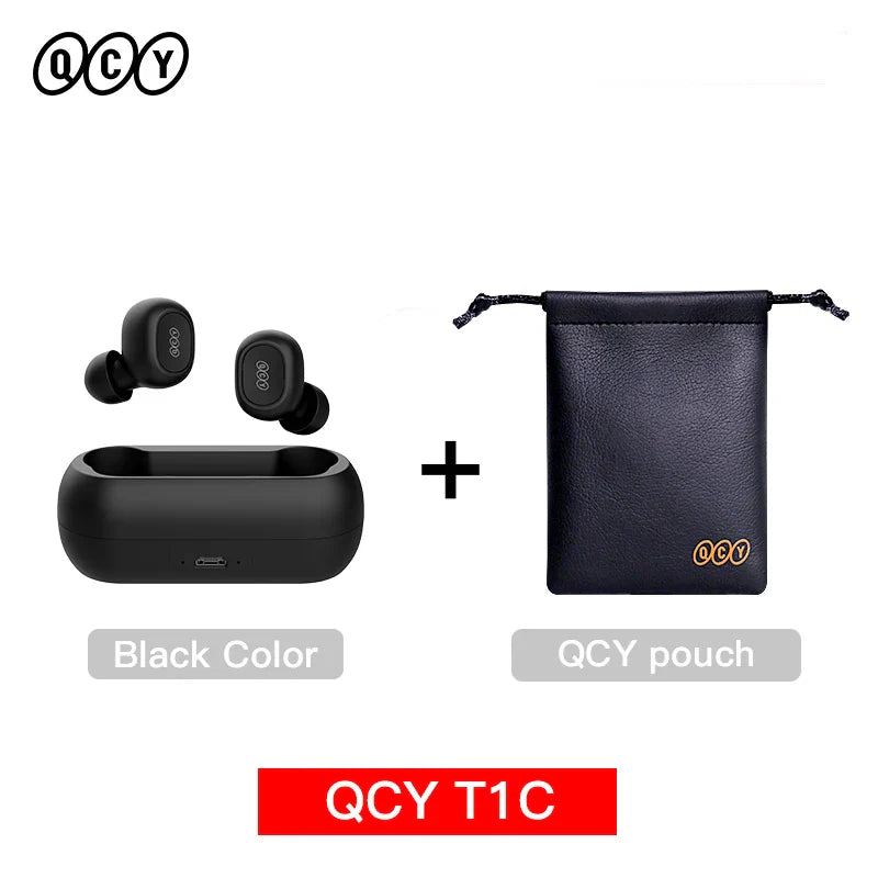 Black wireless earbuds with charging case and pouch.