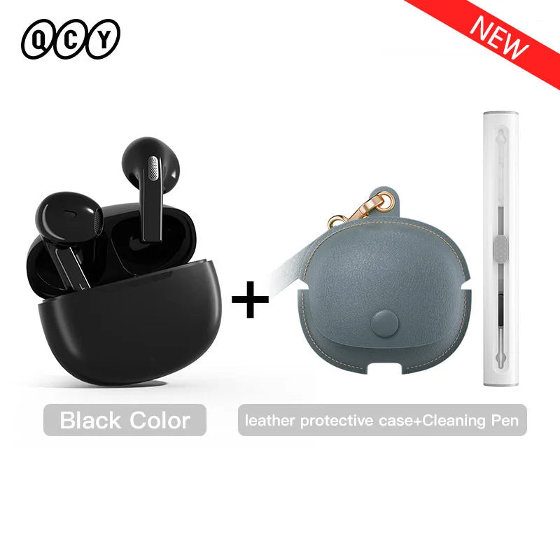 Black wireless earbuds with charging case, leather case, and cleaning pen.