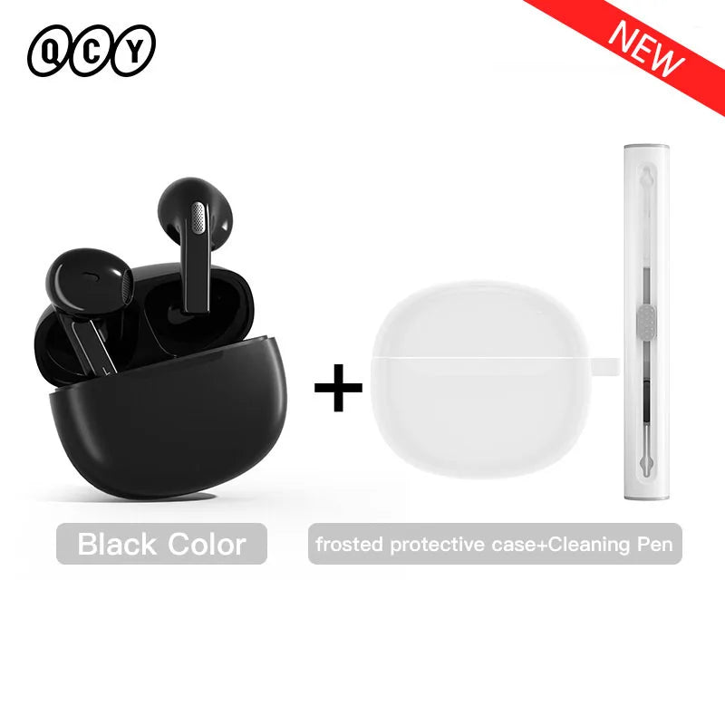 Black wireless earbuds with case and cleaning pen.