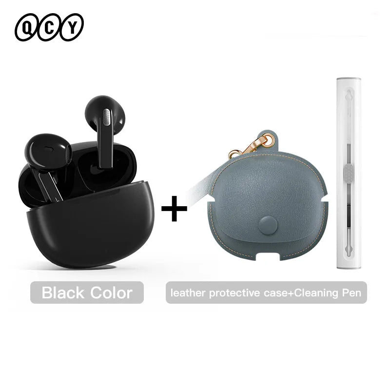 Black wireless earbuds with case, leather protective case, and cleaning pen.