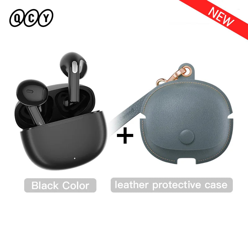 Black wireless earbuds with charging case and leather protective case.