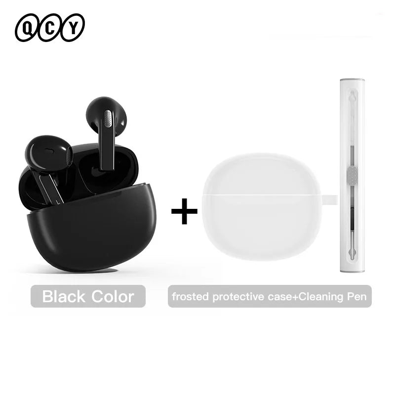 Black wireless earbuds with case and cleaning pen.