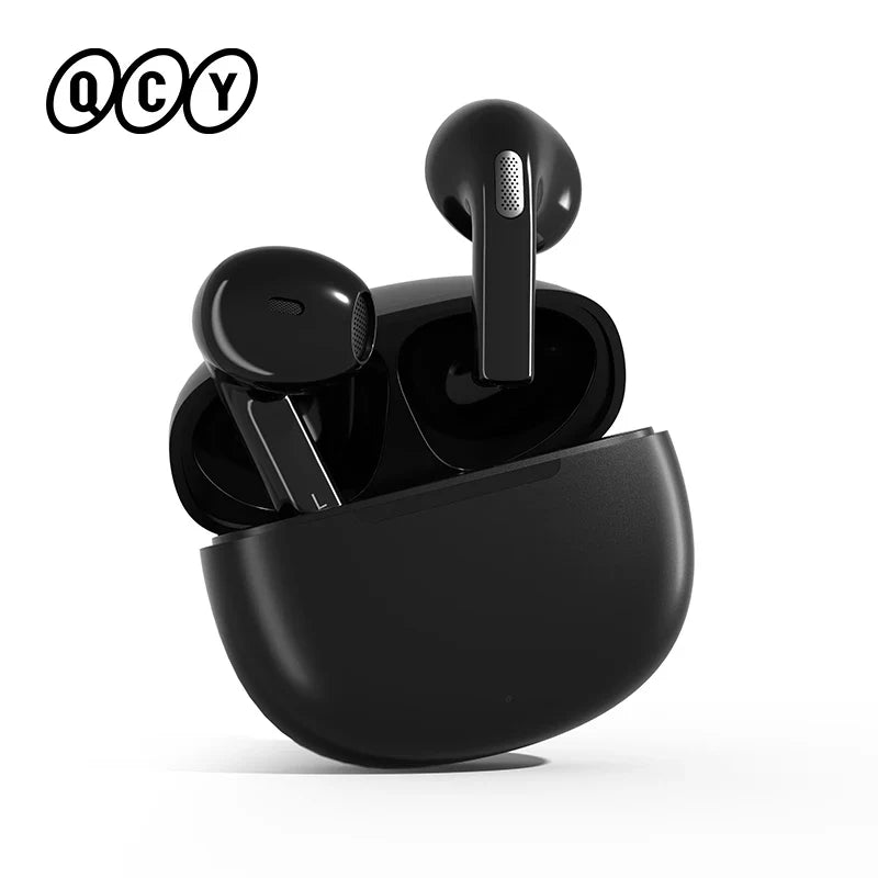Black wireless earbuds and charging case.