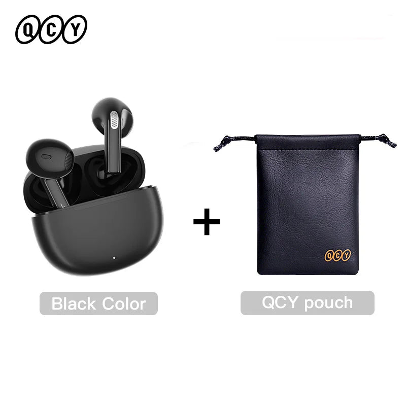 Black wireless earbuds with charging case and pouch.
