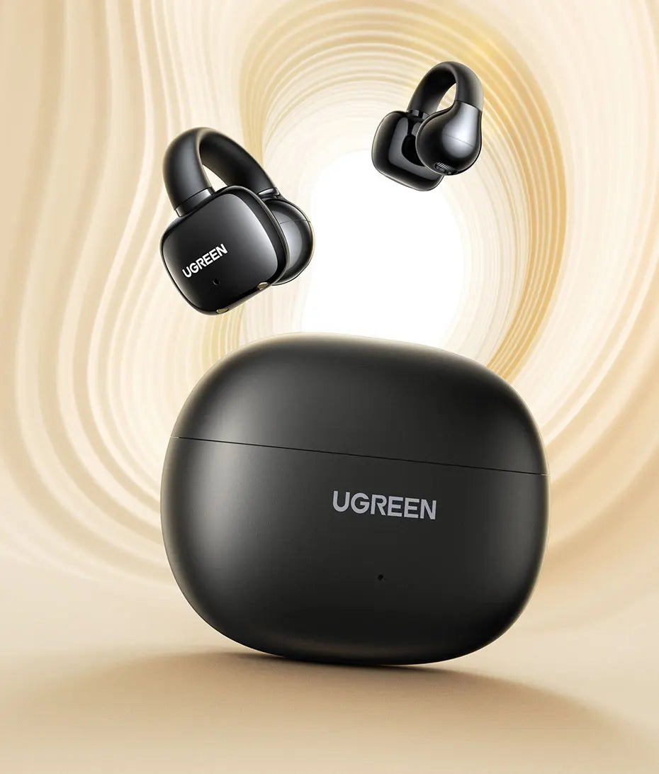 Black wireless earbuds and charging case.