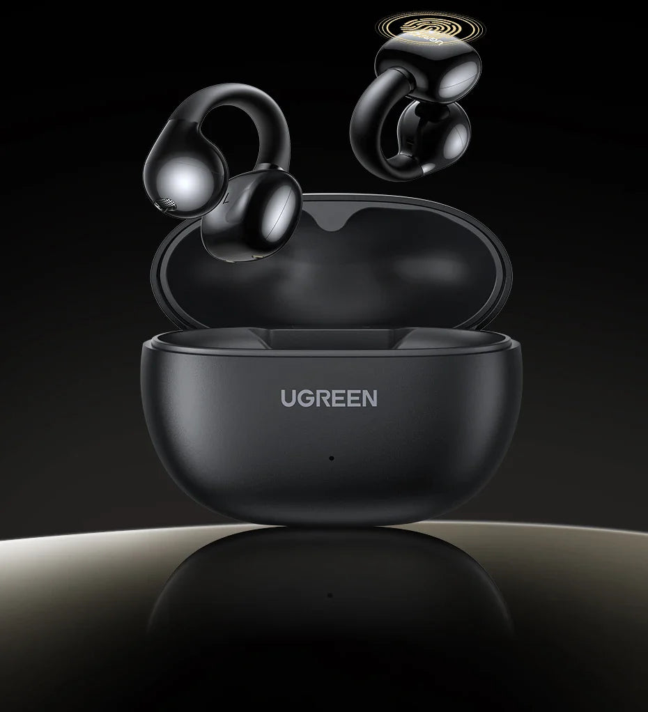 Black wireless earbuds with charging case.
