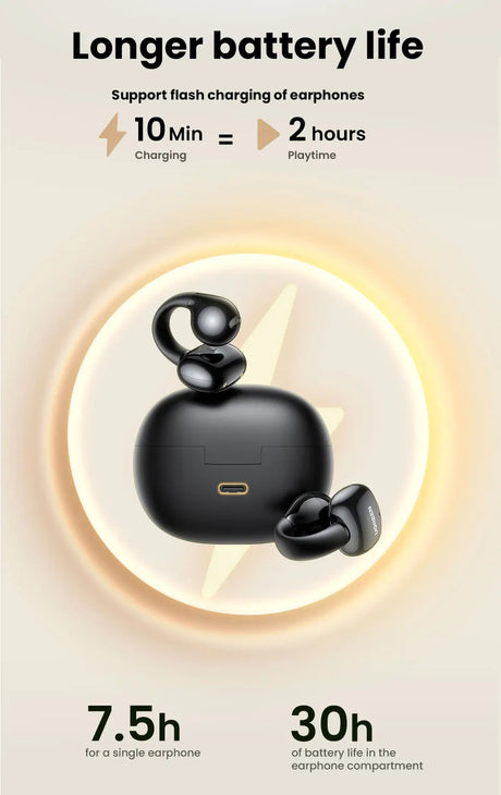Black wireless earbuds with charging case.