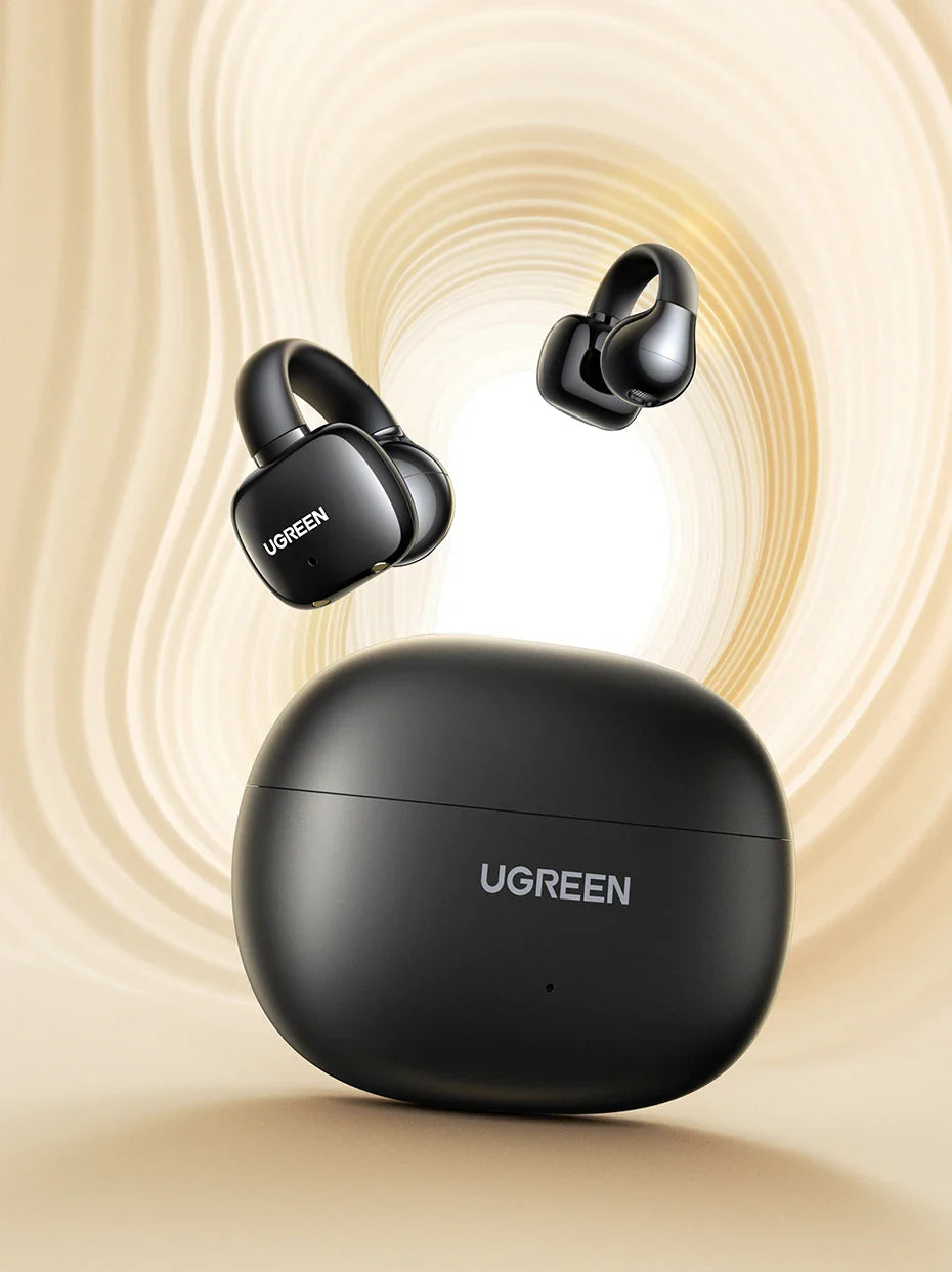 Black wireless earbuds and charging case.