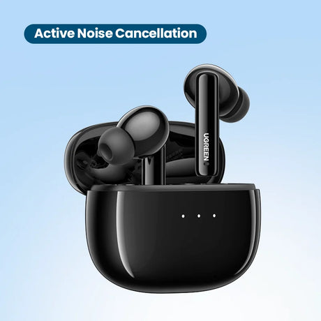Black wireless earbuds with charging case.