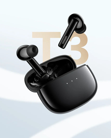Black wireless earbuds and charging case.