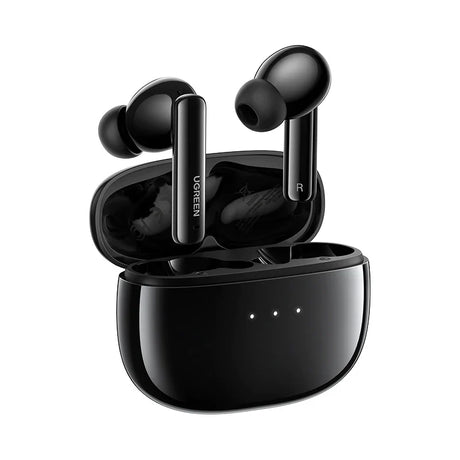 Black wireless earbuds with charging case.
