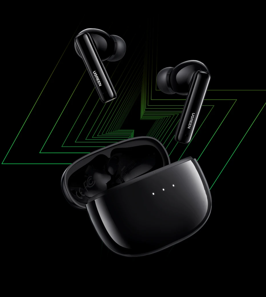 Black wireless earbuds with charging case.