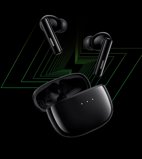 Black wireless earbuds with charging case.