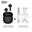 Black wireless earbuds with cleaning kit.