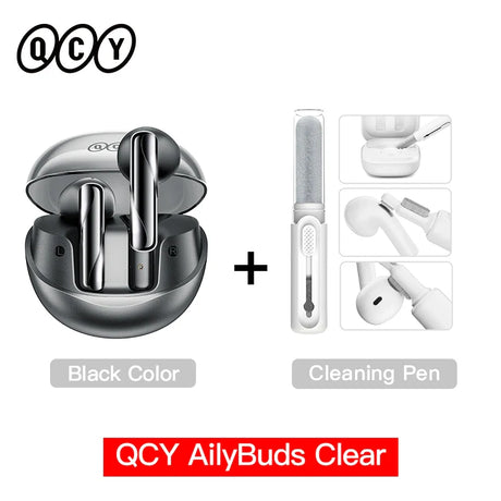 Black wireless earbuds with cleaning pen.