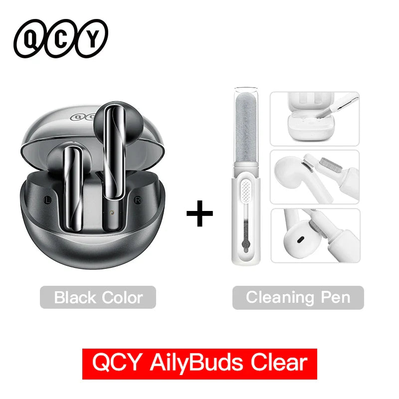 Black wireless earbuds with cleaning pen.