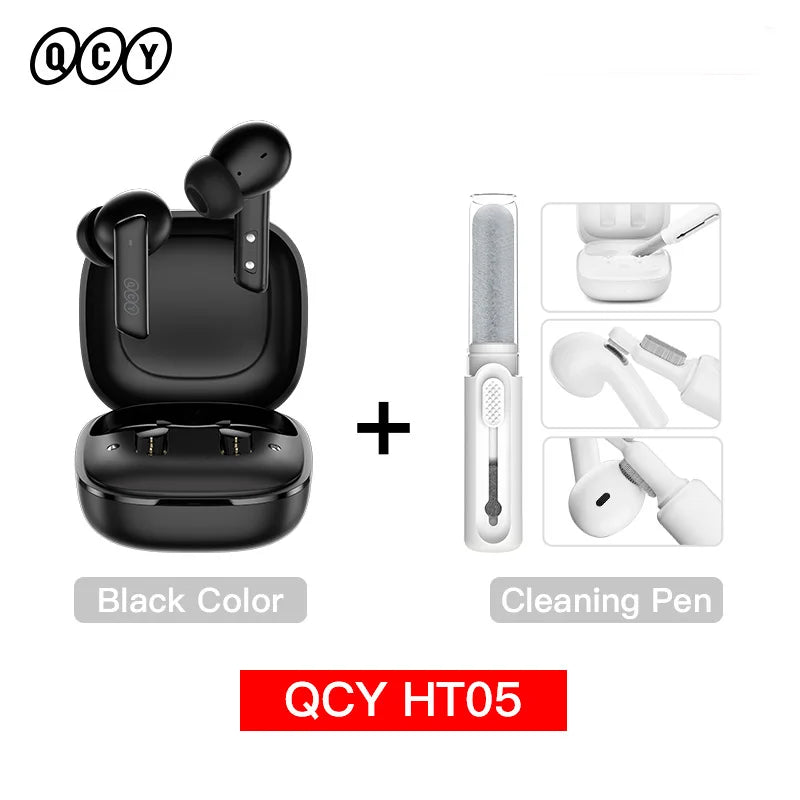 Black wireless earbuds with cleaning pen.
