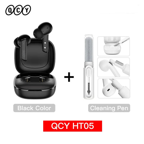 Black wireless earbuds with cleaning pen.