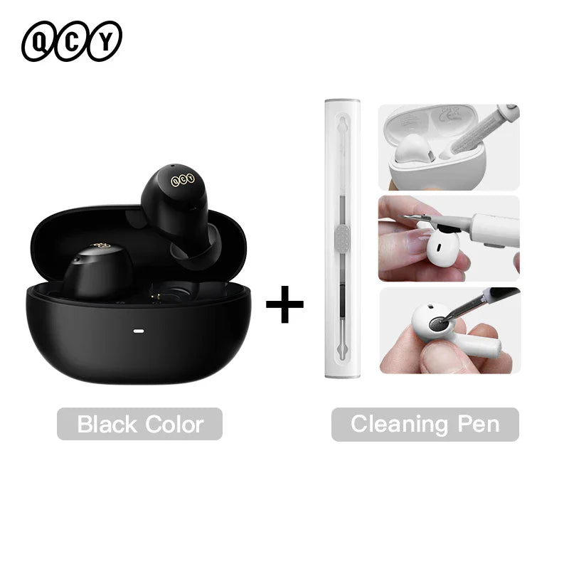 Black wireless earbuds with cleaning pen.
