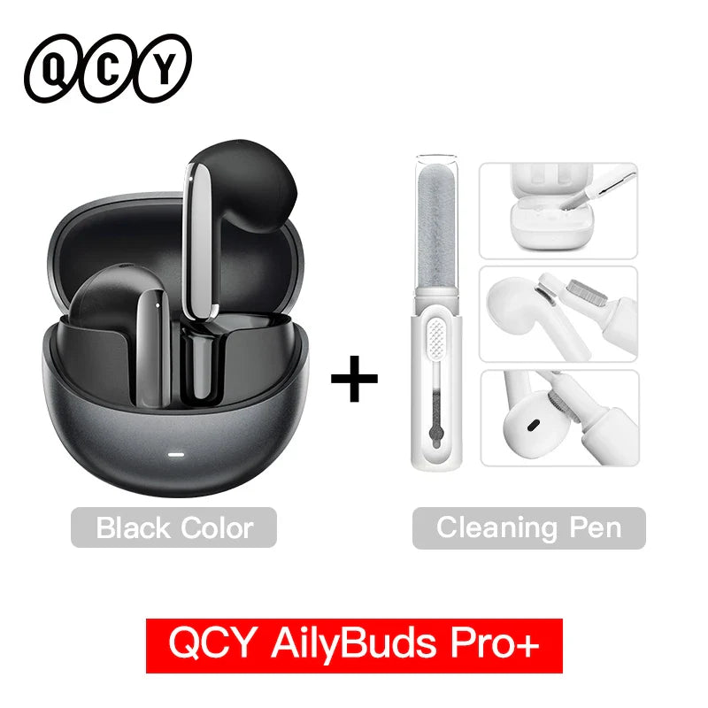 Black wireless earbuds with cleaning pen.