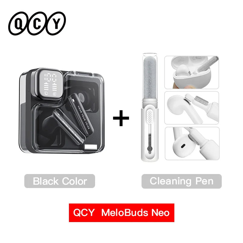 Black wireless earbuds with cleaning pen.