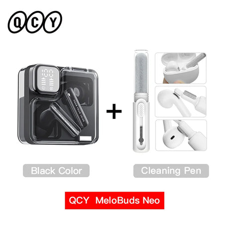 Black wireless earbuds with cleaning pen.