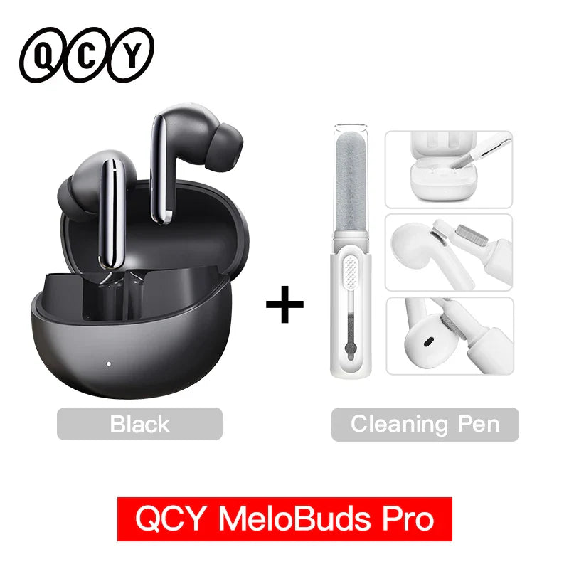 Black wireless earbuds with cleaning pen.
