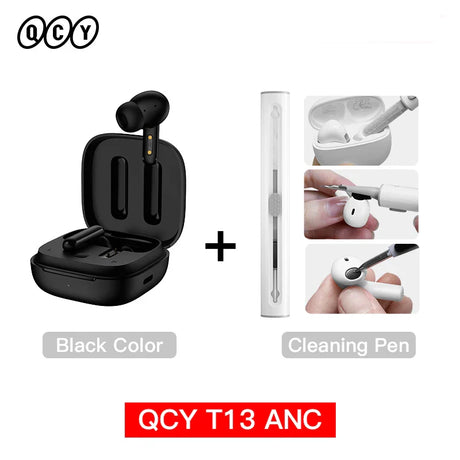 Black wireless earbuds with cleaning pen.